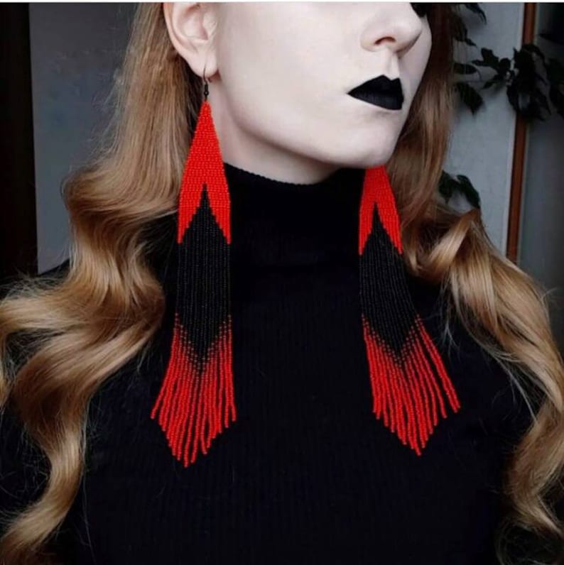 Red Black Seed Bead Handmade Long Earring for Women and Girls