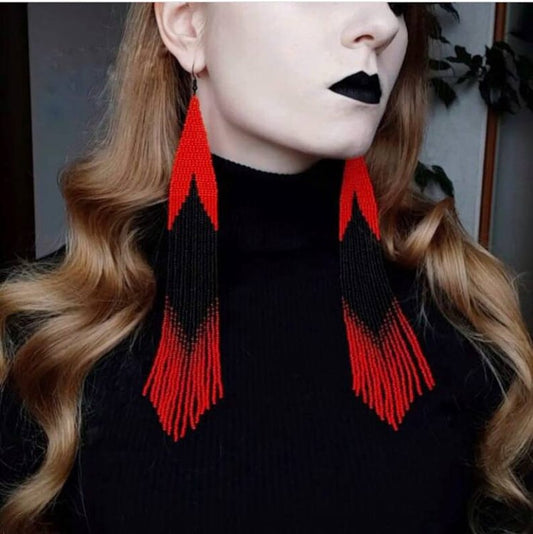 Red Black Seed Bead Handmade Long Earring for Women and Girls - Life Fashion