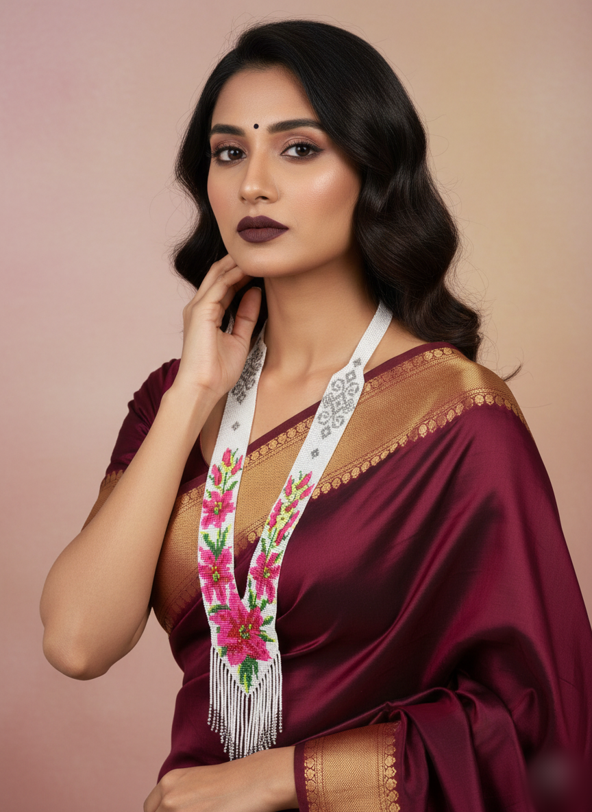 Handcrafted Floral Beaded Long Necklace – Yellow Bloom