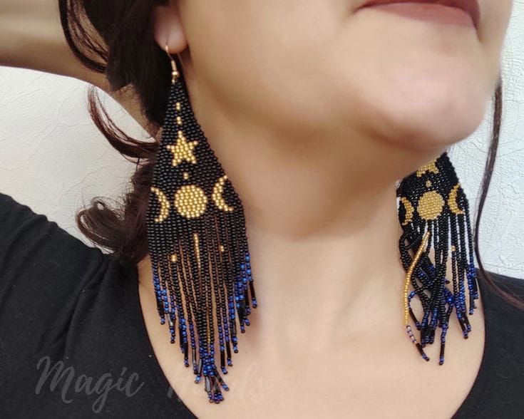 Seed Bead Black Gold-Plated Star Floral Design Earrings for Girls