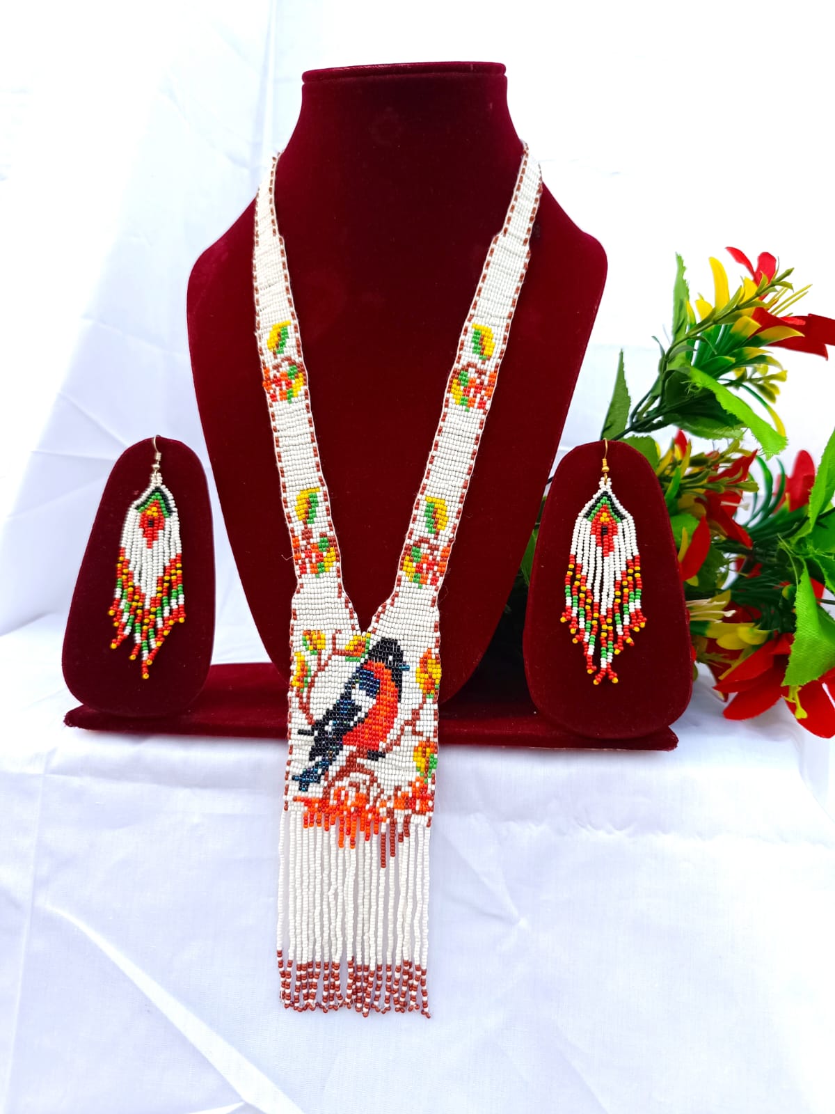 Handcrafted Beaded Necklace & Earrings Set – Bullfinch Bird Design – Indigenous Style Jewelry